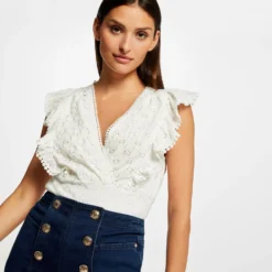 T-shirt Volants Et Broderie Anglaise Ecru Femme