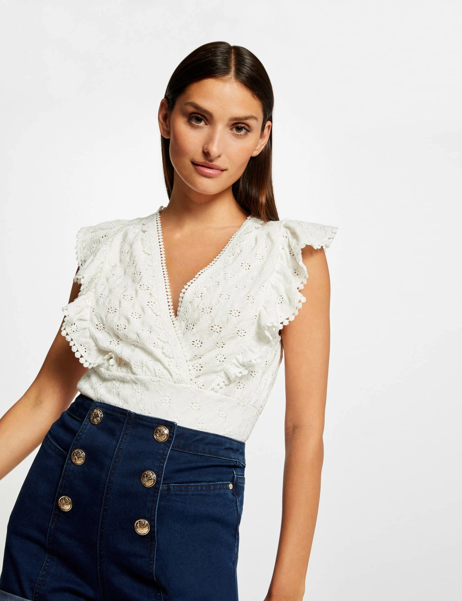 T-shirt Volants Et Broderie Anglaise Ecru Femme 1 T-shirt Volants Et Broderie Anglaise Ecru Femme